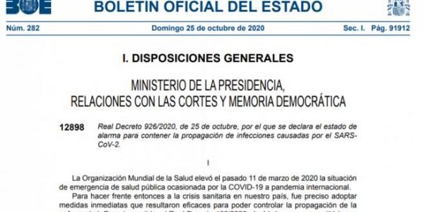 Boletín Oficial del Estado que anuncia el estado de alarma en España