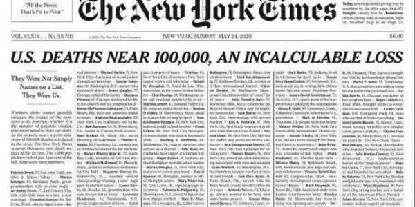 La impactante portada de 'The New York Times' con los nombres de mil víctimas del coronavirus.