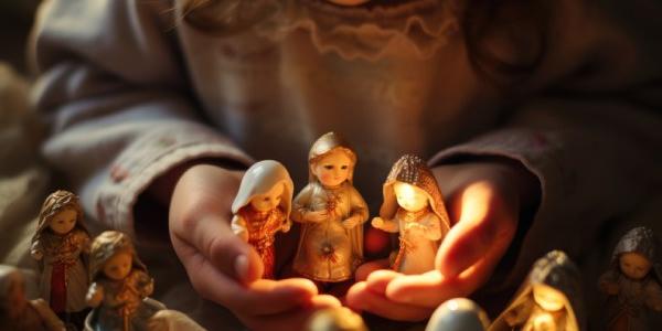 Una niña sostiene figuras de un belén navideño en sus manos