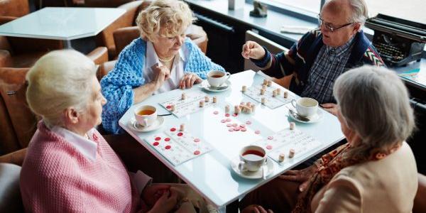 Mayores en reunión con juegos de mesa