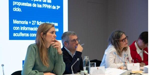 La ministra Sara Aagesen (izquierda) y otros altos cargos de su departamento, en la reunión del Consejo Nacional del Agua