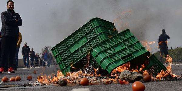Los agricultores almerienses queman hortalizas y cajas de plástico en la A-7.