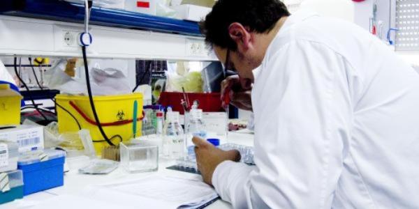 Un científico mira a través de un microscopio 