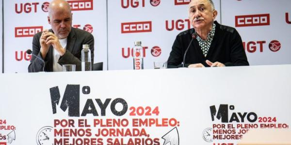 Pepe Álvarez y Unai Sordo, en la rueda de prensa de presentación del Primero de Mayo