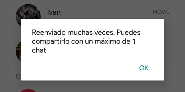 Aviso que aparece al intentar compartir un mensaje viral a más de una persona.