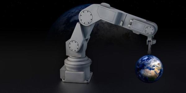 Robot sosteniendo una bola del mundo