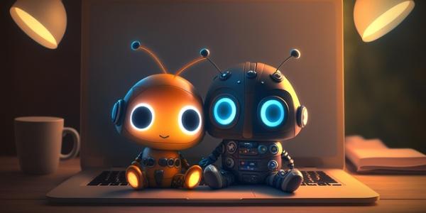 Imagen de dos robots pequeñitos sobre un portátil