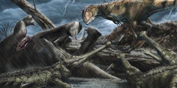 El Sáhara, donde un dinosaurio depredador gigante 'Carcharodontosaurus' mira a un grupo de cocodrilos 'Elosuchus'