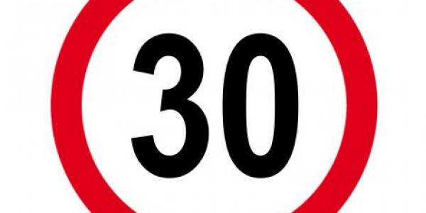 Cartel de tráfico donde aparece el texto: "Velocidad máxima 30 km/h"