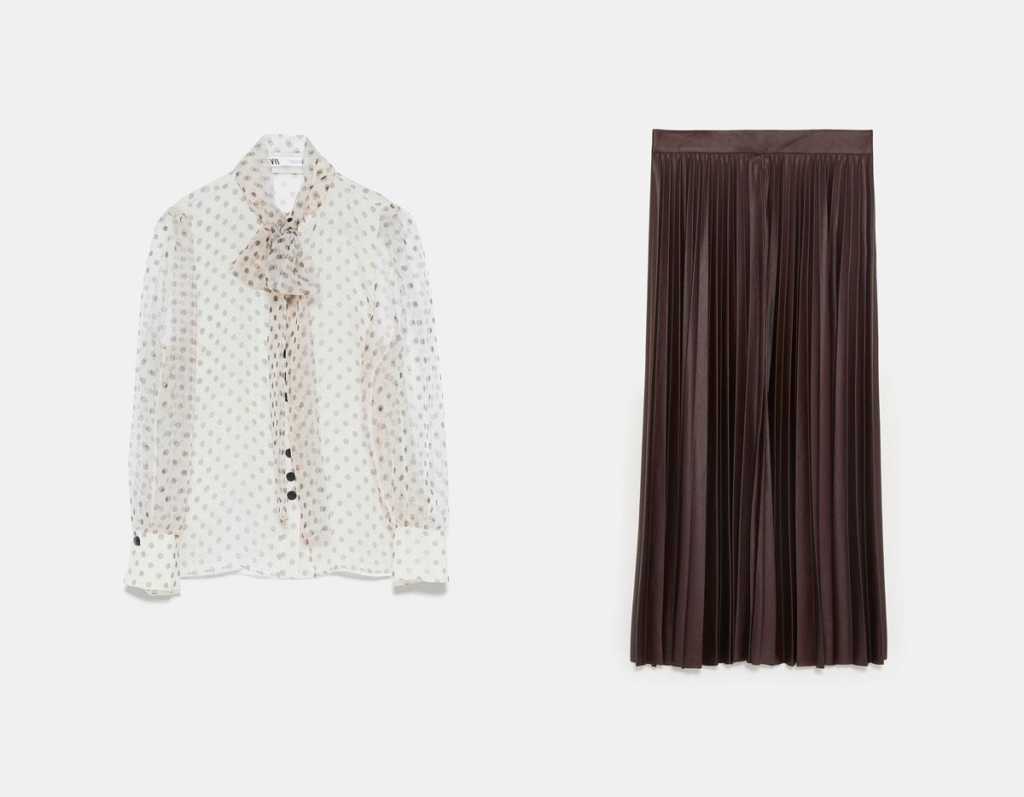 Falda plisada y blusa de Zara.