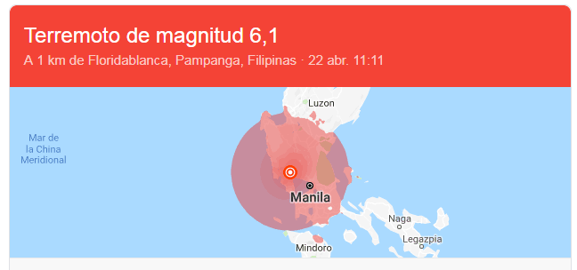 Terremoto a 1 km de Floridablanca, Pampanga, Filipinas.